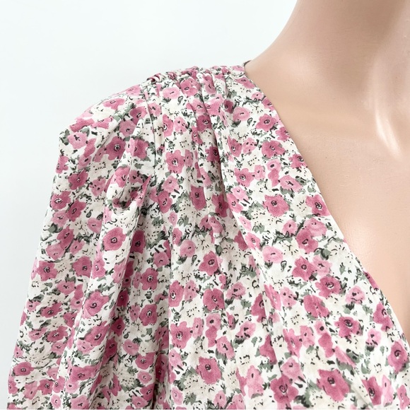 Lush Pink Floral Cottagecore Puff Sleeve V-Neck A-Line Dress Size Large - Picture 9 of 12